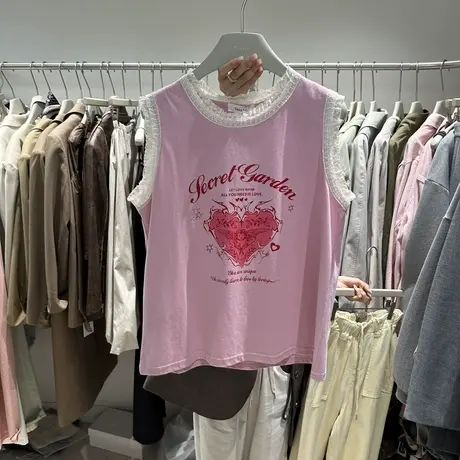 2024春夏新款圆领字母爱心蕾丝花边无袖吊带背心T恤打底衫上衣女图片