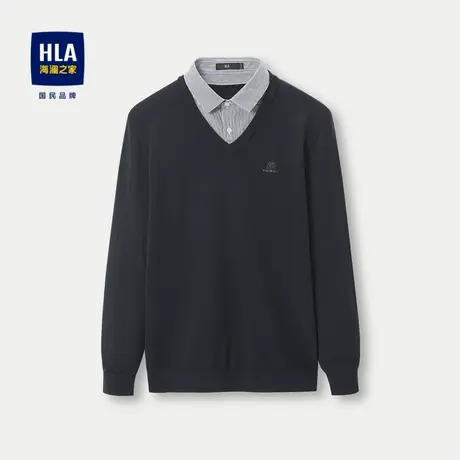 HLA/海澜之家长袖针织衫男2023秋季双领可机洗羊毛套头修身毛衣男商品大图