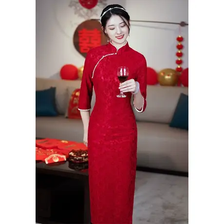 酒红色旗袍敬酒服新娘2023新款优雅长款订婚礼服中式秋季连衣裙女商品大图