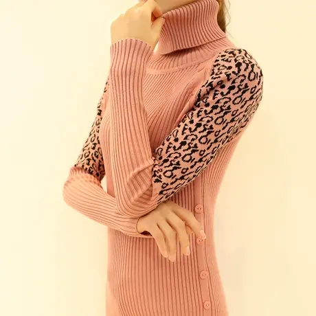 豹纹女士打底衫内搭毛衣中长款针织衫套头冬天毛线加厚保暖秋冬款图片