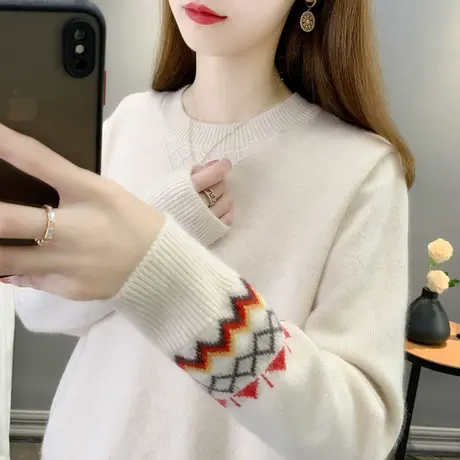 圆领毛衣女宽松套头上衣2023年秋冬新款软糯针织衫长袖内搭打底衫图片