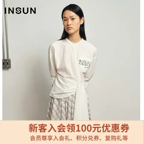 恩裳夏季棉质字母印花收腰飘带半袖白衬衫女设计感小众图片