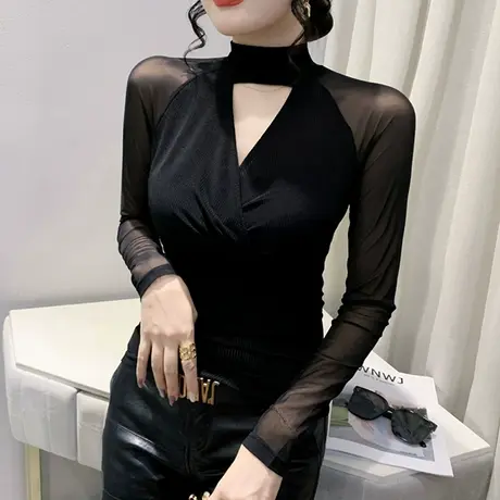 欧货性感网纱T恤女装2023秋冬新款紧身百搭上衣时尚气质镂空小衫图片