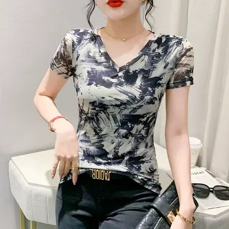 晕染印花上衣女短袖2023夏装新款性感V领网纱T恤气质减龄修身小衫商品大图