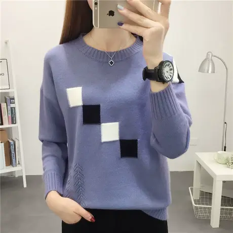 秋冬新款女士上衣圆领加绒加厚毛衣女宽松针织打底衫短款长袖女装商品大图