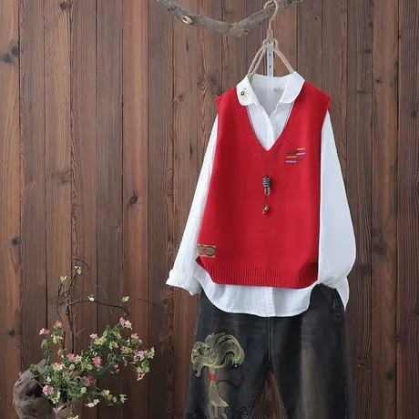 文艺针织V领马甲女装春秋新品宽松套头休闲马夹背心无袖坎肩上衣商品大图