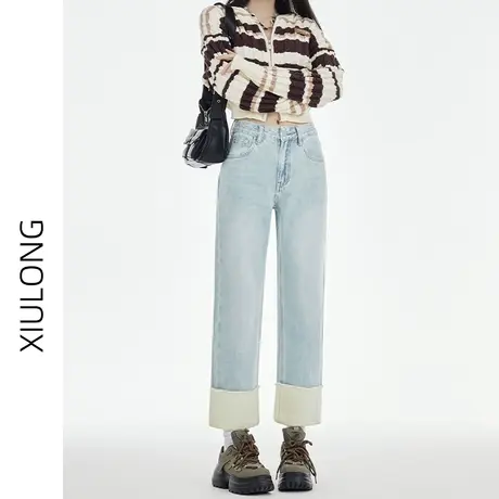 高腰直筒牛仔裤女春秋2023年新款显瘦宽松小个子九分阔腿烟管裤子图片