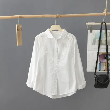 简约娃娃领白衬衫女2023年秋装新款韩版抽褶长袖短款衬衣打底上衣商品大图
