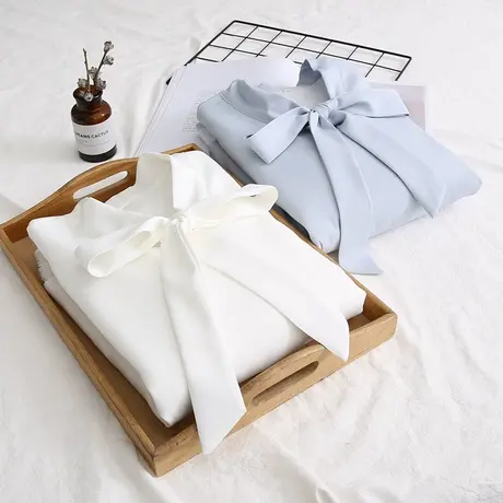 白色雪纺加绒衬衫女长袖秋冬新款蝴蝶结系带韩版学生百搭打底上衣图片