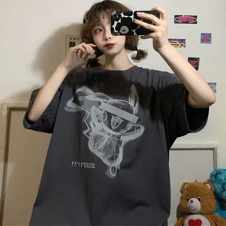 网红ins超火短袖t恤女2020宽松韩版学生原宿bf慵懒风百搭上衣服潮图片