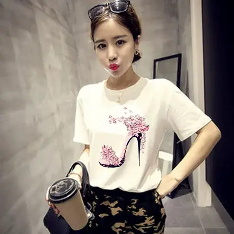春夏季新款2023韩版修身显瘦 高跟鞋印花短袖T恤女百搭打底衫上衣商品大图