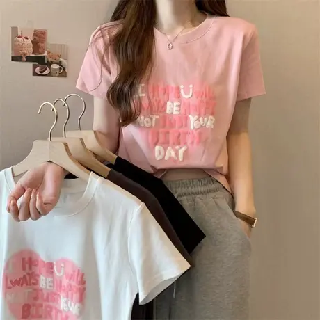 纯棉正肩T恤女夏季2023新款爱心印花小个子宽松短款甜辣短袖上衣图片