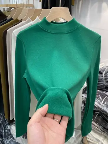 2022秋冬新款百搭柔软加薄绒长袖T恤女显瘦纯色内搭打底衫上衣厚商品大图