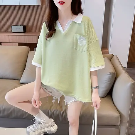 设计感小众V领短袖t恤女夏季韩版宽松大码女装撞色小个子翻领上衣图片