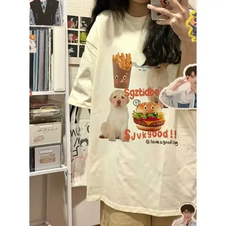 奶黄日系短袖t恤女夏季宽松oversize小个子复古港味chic上衣纯棉图片