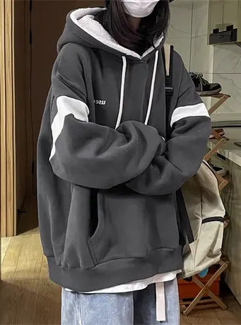 羊羔绒卫衣女秋冬加绒连帽宽松潮oversize小众设计感美式复古外套图片