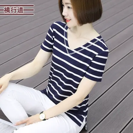 夏装新款2023女装条纹短袖t恤上衣夏季胖MM妈妈半袖v领外穿打底衫商品大图