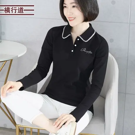 2023新款冬季翻领上衣绣花妈妈长袖T恤女花边纯色韩版大码工作服商品大图