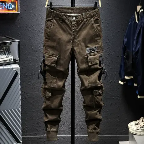 潮牌工装裤男装春秋款修身束脚收口休闲裤子多口袋运动男裤潮男生商品大图