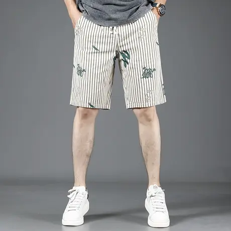 五分休闲短裤男2023夏季新款杏色宽松松紧腰时尚条纹印花男士裤子商品大图