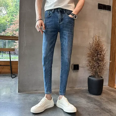 2023夏季简约蓝色猫爪小脚牛仔裤男修身九分铅笔裤薄款弹力9分裤商品大图