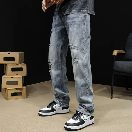 破洞牛仔裤男直筒宽松潮牌阔腿春秋美式高街男款刮烂裤子2023新款商品大图