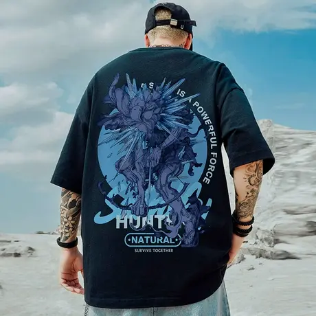 夏季美式复古纯棉短袖T恤男街头胖子潮流宽松黑色半袖潮大码涂鸦商品大图