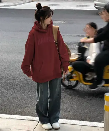 连帽卫衣外套女春秋新款大码胖mm加绒加厚美式重磅宽松上衣200斤商品大图