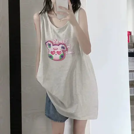 美式纯棉吊带坎肩背心无袖t恤女2023新款夏季外穿宽松篮球服上衣图片