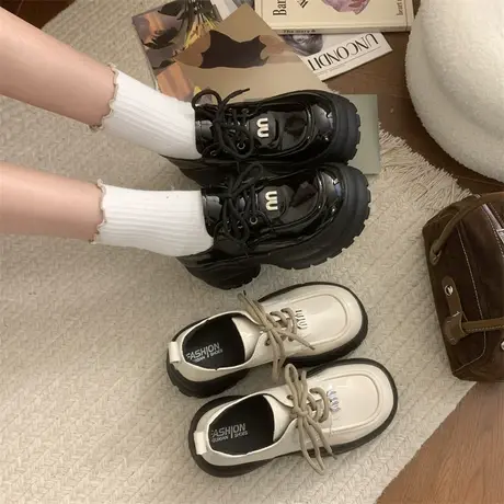 百搭小皮鞋女2024年春秋新款厚底配裙子粗跟单鞋小个子英伦乐福鞋商品大图