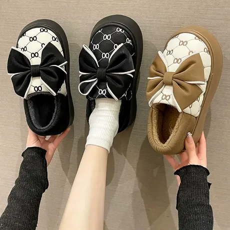 蝴蝶结棉拖鞋女士冬季室内居家加绒保暖厚底防滑包跟外穿防水棉鞋图片