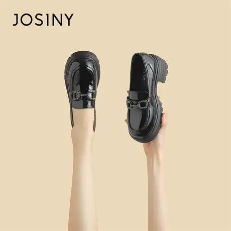 Josiny/卓诗尼厚底乐福鞋女春2024新款一脚蹬小皮鞋黑色浅口单鞋商品大图