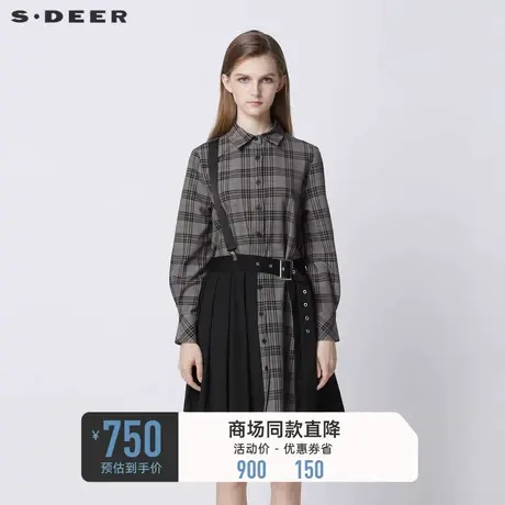 sdeer圣迪奥学院风翻领格纹拼接衬衫长袖连衣裙S21381201图片