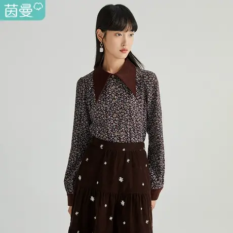 【商场同款】茵曼2021秋季新款女撞色大尖领碎花棉质长袖衬衣商品大图