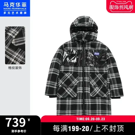 马克华菲创意拼接工装格纹长款羽绒服男22秋潮流连帽保暖上衣图片