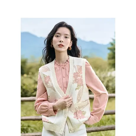 针织马甲开衫2023秋女装新款V领无袖叠穿显瘦提花毛衣上衣商品大图