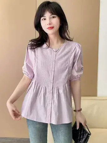 收腰显瘦短袖纯色衬衫女2023夏季新款韩版宽松娃娃衫衬衣小衫上衣商品大图