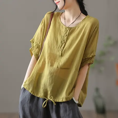 dza 复古短袖苎麻上衣女士夏季休闲圆领衬衫薄款气质漂亮棉麻衬衣商品大图