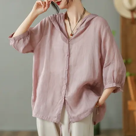 dza 苎麻连帽短外套女2023夏薄款休闲开衫防晒衣宽松棉麻外搭上衣图片