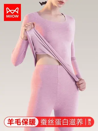 猫人羊毛蚕丝发热保暖内衣女士加厚加绒德无痕秋衣秋裤套装打底衫图片