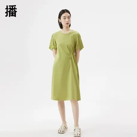 播连衣裙女2023夏秋新款简约小众设计感抽褶圆领短袖中长款T恤裙图片