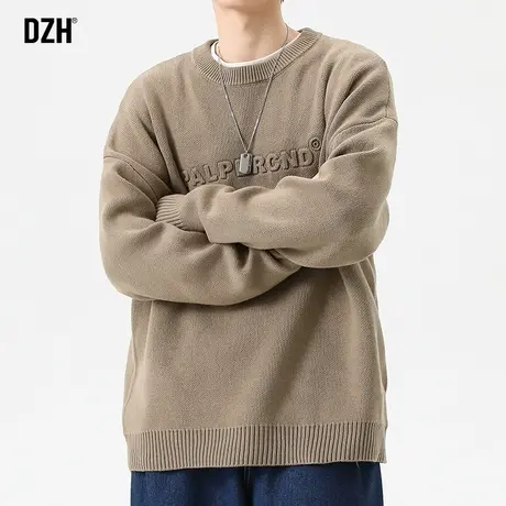 男士卡其色毛衣男圆领冬季加厚潮牌休闲针织衫长袖上衣宽松毛线衣商品大图