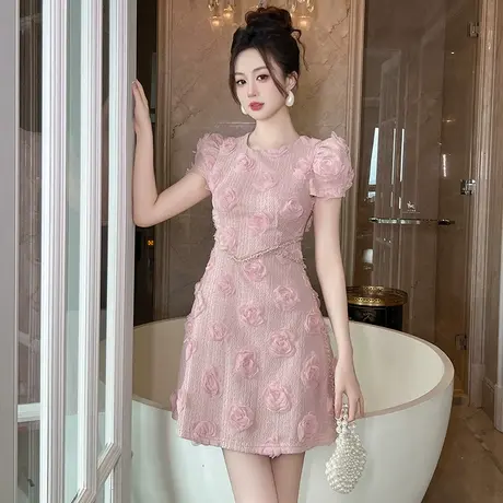 绣花玫瑰温柔风粉色连衣裙女装高腰显瘦设计感小众气质名媛a字裙图片