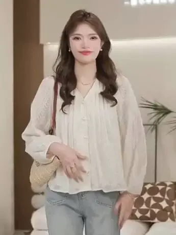 长袖衬衫秋装女2023年秋季新款温柔风V领小衫灯笼袖法式上衣ins潮商品大图