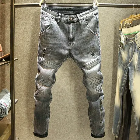 黑灰色秋冬款牛仔裤男破洞修身小脚裤高端男士拉链拼接弹力裤子厚图片