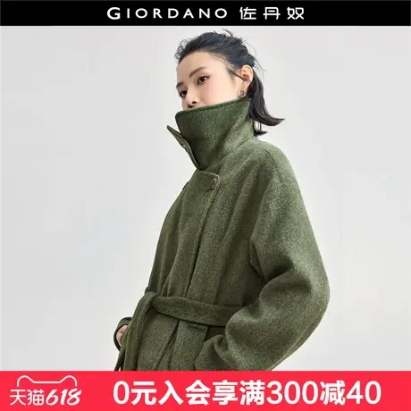 佐丹奴毛呢外套女复古翻领夹克暗门襟绑带中长款呢子大衣18374812商品大图
