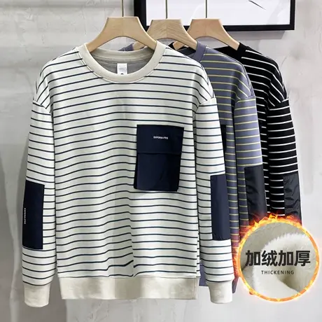 2023秋冬新装加绒卫衣男宽松圆领套头条纹潮休闲打底上衣秋装外套商品大图