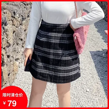 2023秋大码女装新款胖mm显瘦遮肉高腰复古A字裙毛呢格子半身裙图片