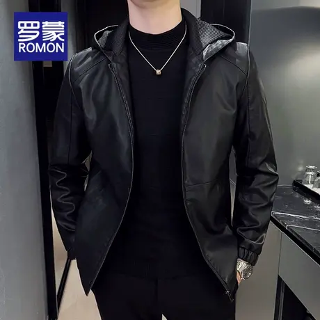 罗蒙男士连帽皮衣外套修身秋冬季2025新款带帽PU皮休闲上衣夹克男图片
