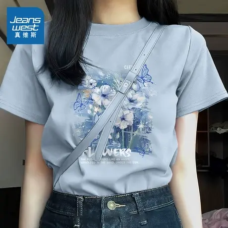 KMV真维斯纯棉短袖女t恤夏日2025新款多巴胺宽松显瘦半袖体恤上衣商品大图